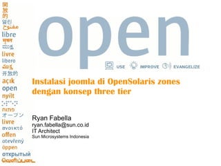 Instalasi joomla di OpenSolaris zones dengan konsep three tier Ryan Fabella [email_address] IT Architect Sun Microsystems Indonesia 
