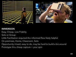IMMERSION
Easy, Cheap, Low Fidelity
Solo or Group
Little Facilitation required tho informed flow likely helpful
On premises, Home, Classroom, Solo
Opportunity mixed, easy to do, may be hard to build a biz around
Prototype thru cheap capture + your spin
VR
 
