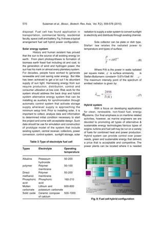 570                Sulaiman et al., Biosci., Biotech. Res. Asia, Vol. 7(2), 559-578 (2010)


disposal. Fuel cell has found application in               radiation to supply a solar system to convert sunlight
transportation, commercial facility, residential           to electricity and distribute through existing channel.
faculty, space craft and battery. Fig. 9 shows a typical
arrangement fuel cell hybrid power configuration.                  Sola collector can be plate or dish type.
                                                           Stefan‘ law relates the radiated power to
Solar energy system                                        temperature and types of surface:
          History and human existent has proved
that the sun is the source of all existing energy on
                                                                           P
earth. From plant photosynthesis to formation of                              = εσ T 4                 ...(6)
biomass earth fossil fuel including oil and coal, to                       T
the generation of wind and hydrogen power, the
sun has his mark on almost every planetary system.               Where P/A is the power in watts radiated
For decades, people have worked to generate            per square meter, ε is surface emissivity,          is
renewable and cost saving solar energy. But little     Stefan-Boltzmann constant= 5.67x10e8 W/ . K 4
has been achieved to get a lot out f its abundant      The maximum intensity point of the spectrum of
supply of sun light. Harnessing energy from sun        emitted radiation is given by:
require production, distribution, control and
consumer utilization at low cost. Risk work for the
                                                                          2898
system should address the back drop and hybrid                    λ max =                              ...(7)
system alternative energy system that can be                              T (K )
installing as auxiliary for synchronization through
automatic control system that activate storage
                                                       Hybrid system
supply whenever supply is approaching the
                                                                 With a focus on developing applications
minimum setup limit. Prior to installing solar, it is
                                                       for clean, renewable, non-fossil fuel, energy
important to collect, analyze data and information σ 2msystems. Our final emphasis is on maritime related
to determined initial condition necessary to start
                                                       activities, however, as marine engineers we are
the project and come with acceptable design. Such
                                                       devoted to promoting all types of alternative &
data should be use for simulation and construction
                                                       sustainable energy technologies.Various types of
of prototype model of the system that include
                                                       engine, turbine and fuel cell may be run on a variety
existing system, central receiver, collectors, power
                                                       of fuels for combined heat and power production.
conversion, control system, sunlight storage, solar
                                                       Hybrid system can provide control over power
                                                       needs, green and sustainable energy that delivers
        Table 3: Type of electrolyte fuel cell         a price that is acceptable and competitive. The
                                                       power plants can be located where it is needed
Types          Electrolyte             Operating
                                       temperature

Alkaline       Potassium                50-200
               hydroxide
polymer        Polymer                  50-100
               membrane
Direct         Polymer                  50-200
methanol       membrane
Phosphoric     Phosphoric               160-210
acid           acid
Molten         Lithium and              600-800
carbonate      potassium carbonate
Solid oxide    Ceramic compose          500-1000
               of calcium
                                                                 Fig. 9: Fuel cell hybrid configuration
 