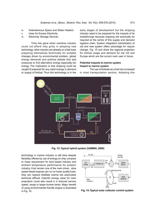 Sulaiman et al., Biosci., Biotech. Res. Asia, Vol. 7(2), 559-578 (2010)               573


iv.    Instantaneous Space and Water Heaters             early stages of development but the shipping
v.     Uses for Excess Electricity                       industry need to be prepared for the impacts of its
vi.    Electricity Storage Devices                       breakthrough because shipping will eventually be
                                                         required at the centre of this supply and demand
          Time has gone when maritime industry           logistics chain. System integration hybridization of
could not afford nitty gritty in adopting new            old and new system offers advantage for require
technology, other industry are already on a fast track   change. Fig. 15 and show the regional projection
preparing themselves technically for evitable            for biofuel usage and demand for the US and
changes driven by environmental problem, global          Europe which are the current main user in future.
energy demands and political debate that add
pressures to find alternative energy especially bio      Potential impacts to marine system
energy. The implication is that shipping could be        Impact to marine system
caught ill prepared for any rapid change in demand               The use of biofuels as a fuel has increased
or supply of biofuel. Thus this technology is in the     in most transportation sectors. Adopting this




                             Fig. 13: Typical hybrid system (USMMA, 2008)

technology in marine industry is still slow despite
flexibility offered by use of energy on ship compare
to mass requirement for land based industry and
ambient temperature performance for aviation
industry. Cost remain one of the main driver, slow
speed diesel engines can run on lower quality fuels,
they can replace distillate marine oils associated
technical difficult. Calorific energy value for main
propulsion could also result in a reduced service
speed, range or larger bunker tanks. Major benefit
of using environmental friendly engine is illustrated
in Fig. 16.                                               Fig. 14: Typical solar collector control system
 
