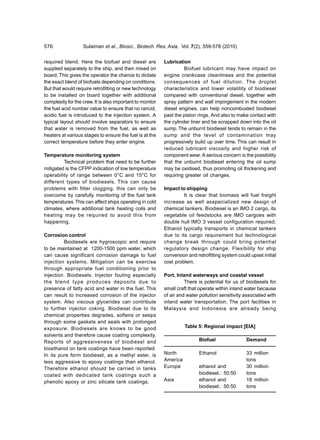 576                Sulaiman et al., Biosci., Biotech. Res. Asia, Vol. 7(2), 559-578 (2010)


required blend. Here the biofuel and diesel are            Lubrication
supplied separately to the ship, and then mixed on                   Biofuel lubricant may have impact on
board. This gives the operator the chance to dictate       engine crankcase cleanliness and the potential
the exact blend of biofuels depending on conditions.       consequences of fuel dilution. The droplet
But that would require retrofitting or new technology      characteristics and lower volatility of biodiesel
to be installed on board together with additional          compared with conventional diesel, together with
complexity for the crew. It is also important to monitor   spray pattern and wall impingement in the modern
the fuel acid number value to ensure that no rancid,       diesel engines, can help noncombusted biodiesel
acidic fuel is introduced to the injection system. A       past the piston rings. And also to make contact with
typical layout should involve separators to ensure         the cylinder liner and be scrapped down into the oil
that water is removed from the fuel, as well as            sump. The unburnt biodiesel tends to remain in the
heaters at various stages to ensure the fuel is at the     sump and the level of contamination may
correct temperature before they enter engine.              progressively build up over time. This can result in
                                                           reduced lubricant viscosity and higher risk of
Temperature monitoring system                              component wear. A serious concern is the possibility
         Technical problem that need to be further         that the unburnt biodiesel entering the oil sump
mitigated is the CFPP indication of low temperature        may be oxidised, thus promoting oil thickening and
operability of range between 0°C and 15°C for              requiring greater oil changes.
different types of biodiesels. This can cause
problems with filter clogging, this can only be            Impact to shipping
overcome by carefully monitoring of the fuel tank                   It is clear that biomass will fuel freight
temperatures. This can affect ships operating in cold      increase as well asspecialized new design of
climates, where additional tank heating coils and          chemical tankers. Biodiesel is an IMO 2 cargo, its
heating may be required to avoid this from                 vegetable oil feedstocks are IMO cargoes with
happening.                                                 double hull IMO 3 vessel configuration required.
                                                           Ethanol typically transports in chemical tankers
Corrosion control                                          due to its cargo requirement but technological
         Biodiesels are hygroscopic and require            change break through could bring potential
to be maintained at 1200-1500 ppm water, which             regulatory design change. Flexibility for ship
can cause significant corrosion damage to fuel             conversion and retrofitting system could upset initial
injection systems. Mitigation can be exercise              cost problem.
through appropriate fuel conditioning prior to
injection. Biodiesels. Injector fouling especially         Port, Inland waterways and coastal vessel
the blend type produces deposits due to                              There is potential for us of biodiesels for
presence of fatty acid and water in the fuel. This         small craft that operate within inland water because
can result to increased corrosion of the injector          of air and water pollution sensitivity associated with
system. Also viscous glycerides can contribute             inland water transportation. The port facilities in
to further injector coking. Biodiesel due to its           Malaysia and Indonesia are already being
chemical properties degrades, softens or seeps
through some gaskets and seals with prolonged
exposure. Biodiesels are knows to be good                            Table 5: Regional impact [EIA]
solvents and therefore cause coating complexity.
Reports of aggressiveness of biodiesel and                                 Biofuel                Demand
bioethanol on tank coatings have been reported.
In its pure form biodiesel, as a methyl ester, is          North           Ethanol                33 million
less aggressive to epoxy coatings than ethanol.            America                                tons
Therefore ethanol should be carried in tanks               Europe          ethanol and            30 million
coated with dedicated tank coatings such a                                 biodiesel.: 50:50      tons
phenolic epoxy or zinc silicate tank coatings.             Asia            ethanol and            18 million
                                                                           biodiesel.: 50:50      tons
 