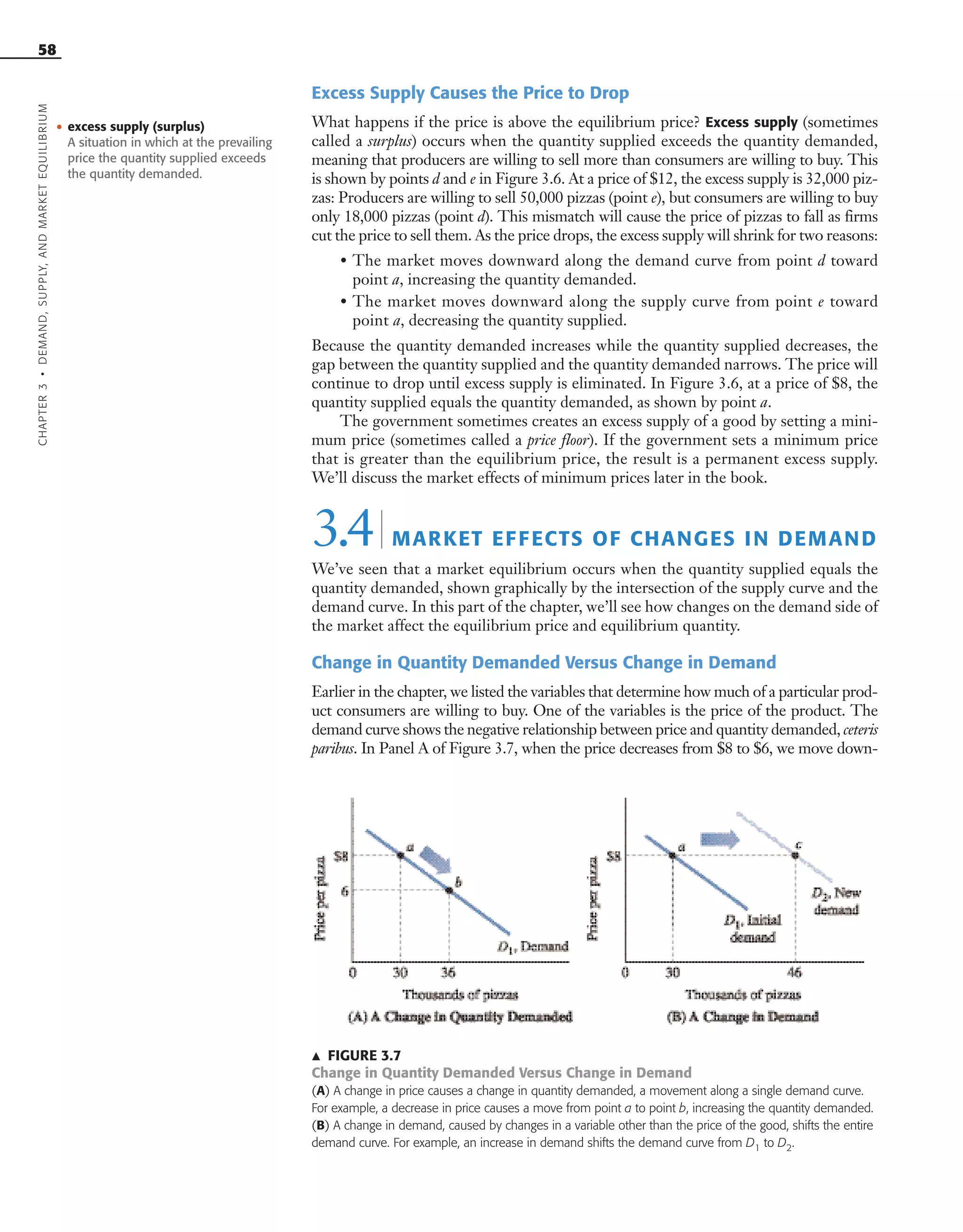 ᭡ FIGURE 3.7
Change in Quantity Demanded Versus Change in Demand
(A) A change in price causes a change in quantity demanded, a movement along a single demand curve.
For example, a decrease in price causes a move from point a to point b, increasing the quantity demanded.
(B) A change in demand, caused by changes in a variable other than the price of the good, shifts the entire
demand curve. For example, an increase in demand shifts the demand curve from D1 to D2.
Excess Supply Causes the Price to Drop
What happens if the price is above the equilibrium price? Excess supply (sometimes
called a surplus) occurs when the quantity supplied exceeds the quantity demanded,
meaning that producers are willing to sell more than consumers are willing to buy. This
is shown by points d and e in Figure 3.6. At a price of $12, the excess supply is 32,000 piz-
zas: Producers are willing to sell 50,000 pizzas (point e), but consumers are willing to buy
only 18,000 pizzas (point d). This mismatch will cause the price of pizzas to fall as firms
cut the price to sell them. As the price drops, the excess supply will shrink for two reasons:
• The market moves downward along the demand curve from point d toward
point a, increasing the quantity demanded.
• The market moves downward along the supply curve from point e toward
point a, decreasing the quantity supplied.
Because the quantity demanded increases while the quantity supplied decreases, the
gap between the quantity supplied and the quantity demanded narrows. The price will
continue to drop until excess supply is eliminated. In Figure 3.6, at a price of $8, the
quantity supplied equals the quantity demanded, as shown by point a.
The government sometimes creates an excess supply of a good by setting a mini-
mum price (sometimes called a price floor). If the government sets a minimum price
that is greater than the equilibrium price, the result is a permanent excess supply.
We’ll discuss the market effects of minimum prices later in the book.
3.4| MARKET EFFECTS OF CHANGES IN DEMAND
We’ve seen that a market equilibrium occurs when the quantity supplied equals the
quantity demanded, shown graphically by the intersection of the supply curve and the
demand curve. In this part of the chapter, we’ll see how changes on the demand side of
the market affect the equilibrium price and equilibrium quantity.
Change in Quantity Demanded Versus Change in Demand
Earlier in the chapter, we listed the variables that determine how much of a particular prod-
uct consumers are willing to buy. One of the variables is the price of the product. The
demand curve shows the negative relationship between price and quantity demanded, ceteris
paribus. In Panel A of Figure 3.7, when the price decreases from $8 to $6, we move down-
58
• excess supply (surplus)
A situation in which at the prevailing
price the quantity supplied exceeds
the quantity demanded.
CHAPTER3•DEMAND,SUPPLY,ANDMARKETEQUILIBRIUM
OSULMC03_048-077v1 1/4/07 12:11 PM Page 58
 