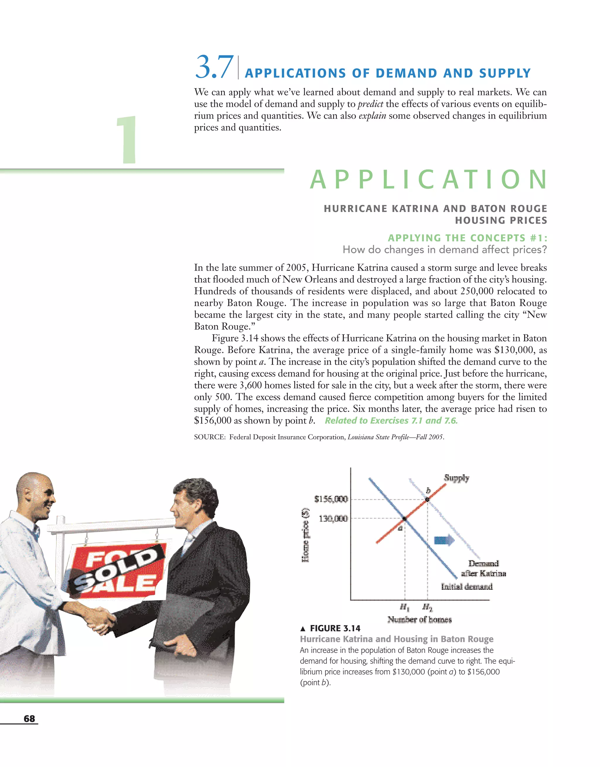68
᭡ FIGURE 3.14
Hurricane Katrina and Housing in Baton Rouge
An increase in the population of Baton Rouge increases the
demand for housing, shifting the demand curve to right. The equi-
librium price increases from $130,000 (point a) to $156,000
(point b).
3.7| APPLICATIONS OF DEMAND AND SUPPLY
We can apply what we’ve learned about demand and supply to real markets. We can
use the model of demand and supply to predict the effects of various events on equilib-
rium prices and quantities. We can also explain some observed changes in equilibrium
prices and quantities.
A P P L I C A T I O N
HURRICANE KATRINA AND BATON ROUGE
HOUSING PRICES
APPLYING THE CONCEPTS #1:
How do changes in demand affect prices?
In the late summer of 2005, Hurricane Katrina caused a storm surge and levee breaks
that flooded much of New Orleans and destroyed a large fraction of the city’s housing.
Hundreds of thousands of residents were displaced, and about 250,000 relocated to
nearby Baton Rouge. The increase in population was so large that Baton Rouge
became the largest city in the state, and many people started calling the city “New
Baton Rouge.”
Figure 3.14 shows the effects of Hurricane Katrina on the housing market in Baton
Rouge. Before Katrina, the average price of a single-family home was $130,000, as
shown by point a. The increase in the city’s population shifted the demand curve to the
right, causing excess demand for housing at the original price. Just before the hurricane,
there were 3,600 homes listed for sale in the city, but a week after the storm, there were
only 500. The excess demand caused fierce competition among buyers for the limited
supply of homes, increasing the price. Six months later, the average price had risen to
$156,000 as shown by point b. Related to Exercises 7.1 and 7.6.
SOURCE: Federal Deposit Insurance Corporation, Louisiana State Profile—Fall 2005.
1
OSULMC03_048-077v1 1/4/07 12:11 PM Page 68
 
