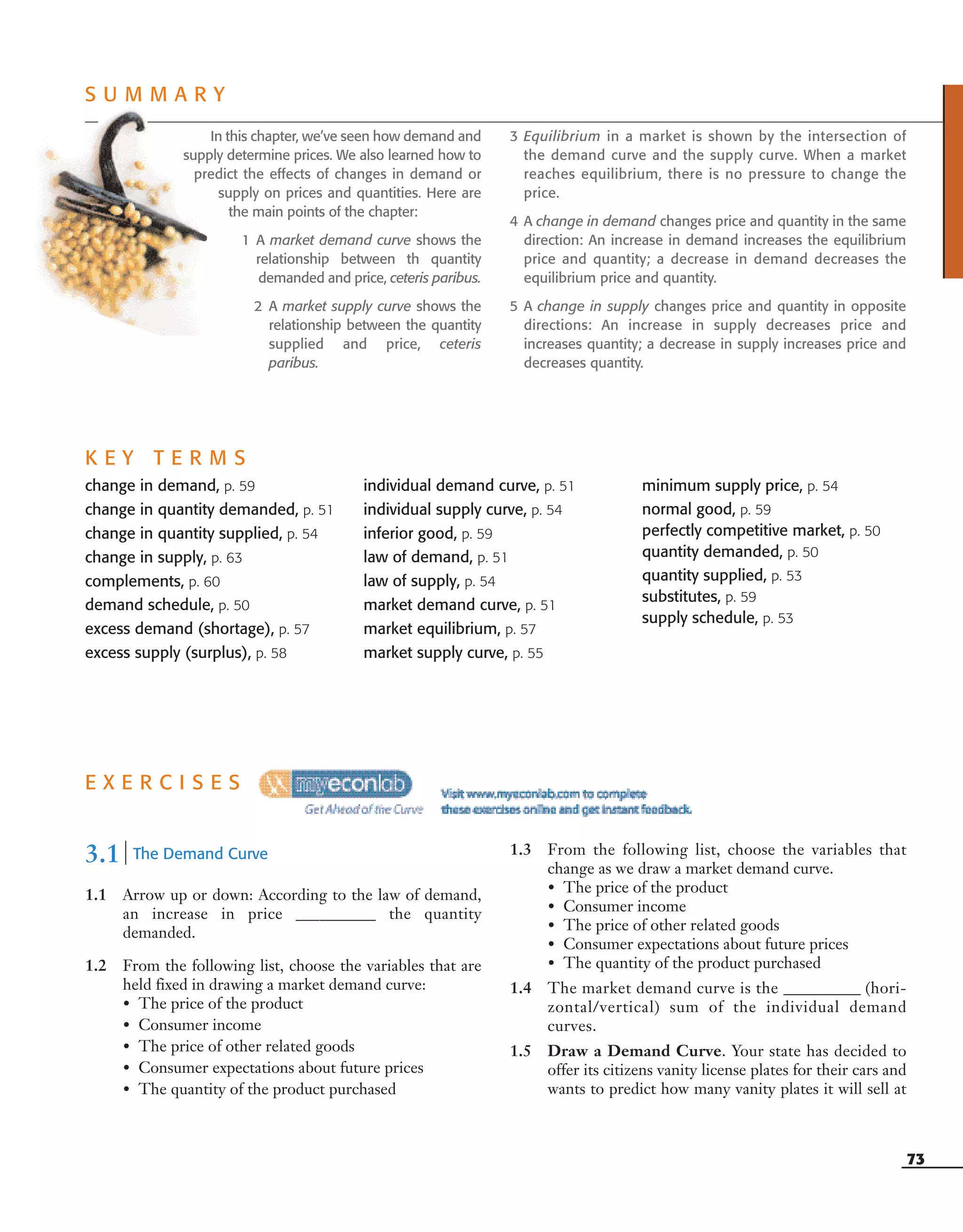 73
change in demand, p. 59
change in quantity demanded, p. 51
change in quantity supplied, p. 54
change in supply, p. 63
complements, p. 60
demand schedule, p. 50
excess demand (shortage), p. 57
excess supply (surplus), p. 58
individual demand curve, p. 51
individual supply curve, p. 54
inferior good, p. 59
law of demand, p. 51
law of supply, p. 54
market demand curve, p. 51
market equilibrium, p. 57
market supply curve, p. 55
minimum supply price, p. 54
normal good, p. 59
perfectly competitive market, p. 50
quantity demanded, p. 50
quantity supplied, p. 53
substitutes, p. 59
supply schedule, p. 53
E X E R C I S E S
3.1 | The Demand Curve
1.1 Arrow up or down: According to the law of demand,
an increase in price __________ the quantity
demanded.
1.2 From the following list, choose the variables that are
held fixed in drawing a market demand curve:
• The price of the product
• Consumer income
• The price of other related goods
• Consumer expectations about future prices
• The quantity of the product purchased
1.3 From the following list, choose the variables that
change as we draw a market demand curve.
• The price of the product
• Consumer income
• The price of other related goods
• Consumer expectations about future prices
• The quantity of the product purchased
1.4 The market demand curve is the __________ (hori-
zontal/vertical) sum of the individual demand
curves.
1.5 Draw a Demand Curve. Your state has decided to
offer its citizens vanity license plates for their cars and
wants to predict how many vanity plates it will sell at
In this chapter, we’ve seen how demand and
supply determine prices. We also learned how to
predict the effects of changes in demand or
supply on prices and quantities. Here are
the main points of the chapter:
1 A market demand curve shows the
relationship between th quantity
demanded and price, ceteris paribus.
2 A market supply curve shows the
relationship between the quantity
supplied and price, ceteris
paribus.
3 Equilibrium in a market is shown by the intersection of
the demand curve and the supply curve. When a market
reaches equilibrium, there is no pressure to change the
price.
4 A change in demand changes price and quantity in the same
direction: An increase in demand increases the equilibrium
price and quantity; a decrease in demand decreases the
equilibrium price and quantity.
5 A change in supply changes price and quantity in opposite
directions: An increase in supply decreases price and
increases quantity; a decrease in supply increases price and
decreases quantity.
K E Y T E R M S
S U M M A R Y
OSULMC03_048-077v1 1/4/07 12:11 PM Page 73
 