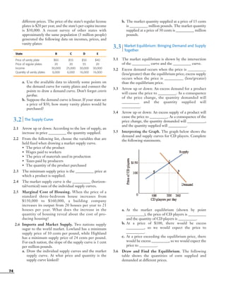 74
different prices. The price of the state’s regular license
plates is $20 per year, and the state’s per-capita income
is $30,000. A recent survey of other states with
approximately the same population (3 million people)
generated the following data on incomes, prices, and
vanity plates:
State B C D E
Price of vanity plate $60 $55 $50 $40
Price of regular plates 20 20 35 20
Income 30,000 25,000 30,000 30,000
Quantity of vanity plates 6,000 6,000 16,000 16,000
a. Use the available data to identify some points on
the demand curve for vanity plates and connect the
points to draw a demand curve. Don’t forget ceteris
paribus.
b. Suppose the demand curve is linear. If your state set
a price of $50, how many vanity plates would be
purchased?
3.2 | The Supply Curve
2.1 Arrow up or down: According to the law of supply, an
increase in price __________ the quantity supplied.
2.2 From the following list, choose the variables that are
held fixed when drawing a market supply curve.
• The price of the product
• Wages paid to workers
• The price of materials used in production
• Taxes paid by producers
• The quantity of the product purchased
2.3 The minimum supply price is the __________ price at
which a product is supplied.
2.4 The market supply curve is the __________ (horizon-
tal/vertical) sum of the individual supply curves.
2.5 Marginal Cost of Housing. When the price of a
standard three-bedroom house increases from
$150,000 to $160,000, a building company
increases its output from 20 houses per year to 21
houses per year. What does the increase in the
quantity of housing reveal about the cost of pro-
ducing housing?
2.6 Imports and Market Supply. Two nations supply
sugar to the world market. Lowland has a minimum
supply price of 10 cents per pound, while Highland
has a minimum supply price of 24 cents per pound.
For each nation, the slope of the supply curve is 1 cent
per million pounds.
a. Draw the individual supply curves and the market
supply curve. At what price and quantity is the
supply curve kinked?
b. The market quantity supplied at a price of 15 cents
is __________ million pounds. The market quantity
supplied at a price of 30 cents is __________ million
pounds.
3.3
| Market Equilibrium: Bringing Demand and Supply
Together
3.1 The market equilibrium is shown by the intersection
of the __________ curve and the __________ curve.
3.2 Excess demand occurs when the price is __________
(less/greater) than the equilibrium price; excess supply
occurs when the price is __________ (less/greater)
than the equilibrium price.
3.3 Arrow up or down: An excess demand for a product
will cause the price to __________. As a consequence
of the price change, the quantity demanded will
__________ and the quantity supplied will
__________.
3.4 Arrow up or down: An excess supply of a product will
cause the price to __________. As a consequence of the
price change, the quantity demanded will __________,
and the quantity supplied will __________.
3.5 Interpreting the Graph. The graph below shows the
demand and supply curves for CD players. Complete
the following statements.
a. At the market equilibrium (shown by point
__________), the price of CD players is __________
and the quantity of CD players is __________.
b. At a price of $100, there would be excess
__________, so we would expect the price to
__________.
c. At a price exceeding the equilibrium price, there
would be excess __________, so we would expect the
price to __________.
3.6 Draw and Find the Equilibrium. The following
table shows the quantities of corn supplied and
demanded at different prices.
OSULMC03_048-077v1 1/4/07 12:11 PM Page 74
 