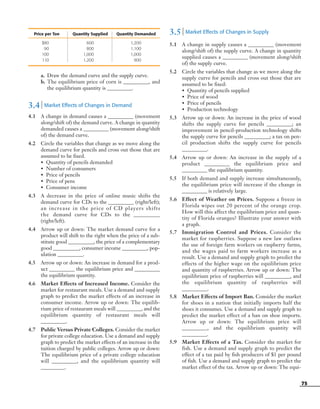 75
Price per Ton Quantity Supplied Quantity Demanded
$80 600 1,200
90 800 1,100
100 1,000 1,000
110 1,200 900
a. Draw the demand curve and the supply curve.
b. The equilibrium price of corn is __________, and
the equilibrium quantity is __________.
3.4 | Market Effects of Changes in Demand
4.1 A change in demand causes a __________ (movement
along/shift of) the demand curve. A change in quantity
demanded causes a __________ (movement along/shift
of) the demand curve.
4.2 Circle the variables that change as we move along the
demand curve for pencils and cross out those that are
assumed to be fixed.
• Quantity of pencils demanded
• Number of consumers
• Price of pencils
• Price of pens
• Consumer income
4.3 A decrease in the price of online music shifts the
demand curve for CDs to the __________ (right/left);
an increase in the price of CD players shifts
the demand curve for CDs to the __________
(right/left).
4.4 Arrow up or down: The market demand curve for a
product will shift to the right when the price of a sub-
stitute good __________, the price of a complementary
good __________, consumer income __________, pop-
ulation __________.
4.5 Arrow up or down: An increase in demand for a prod-
uct __________ the equilibrium price and __________
the equilibrium quantity.
4.6 Market Effects of Increased Income. Consider the
market for restaurant meals. Use a demand and supply
graph to predict the market effects of an increase in
consumer income. Arrow up or down: The equilib-
rium price of restaurant meals will __________, and the
equilibrium quantity of restaurant meals will
__________.
4.7 Public Versus Private Colleges. Consider the market
for private college education. Use a demand and supply
graph to predict the market effects of an increase in the
tuition charged by public colleges. Arrow up or down:
The equilibrium price of a private college education
will __________, and the equilibrium quantity will
__________.
3.5 | Market Effects of Changes in Supply
5.1 A change in supply causes a __________ (movement
along/shift of) the supply curve. A change in quantity
supplied causes a __________ (movement along/shift
of) the supply curve.
5.2 Circle the variables that change as we move along the
supply curve for pencils and cross out those that are
assumed to be fixed:
• Quantity of pencils supplied
• Price of wood
• Price of pencils
• Production technology
5.3 Arrow up or down: An increase in the price of wood
shifts the supply curve for pencils __________; an
improvement in pencil-production technology shifts
the supply curve for pencils __________; a tax on pen-
cil production shifts the supply curve for pencils
__________.
5.4 Arrow up or down: An increase in the supply of a
product __________ the equilibrium price and
__________ the equilibrium quantity.
5.5 If both demand and supply increase simultaneously,
the equilibrium price will increase if the change in
__________ is relatively large.
5.6 Effect of Weather on Prices. Suppose a freeze in
Florida wipes out 20 percent of the orange crop.
How will this affect the equilibrium price and quan-
tity of Florida oranges? Illustrate your answer with
a graph.
5.7 Immigration Control and Prices. Consider the
market for raspberries. Suppose a new law outlaws
the use of foreign farm workers on raspberry farms,
and the wages paid to farm workers increase as a
result. Use a demand and supply graph to predict the
effects of the higher wage on the equilibrium price
and quantity of raspberries. Arrow up or down: The
equilibrium price of raspberries will __________, and
the equilibrium quantity of raspberries will
__________.
5.8 Market Effects of Import Ban. Consider the market
for shoes in a nation that initially imports half the
shoes it consumes. Use a demand and supply graph to
predict the market effect of a ban on shoe imports.
Arrow up or down: The equilibrium price will
__________, and the equilibrium quantity will
__________.
5.9 Market Effects of a Tax. Consider the market for
fish. Use a demand and supply graph to predict the
effect of a tax paid by fish producers of $1 per pound
of fish. Use a demand and supply graph to predict the
market effect of the tax. Arrow up or down: The equi-
OSULMC03_048-077v1 1/4/07 12:11 PM Page 75
 