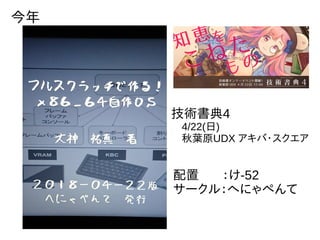 今年
技術書典4
　4/22(日)
　秋葉原UDX アキバ・スクエア
配置　 ：け-52
サークル：へにゃぺんて
 