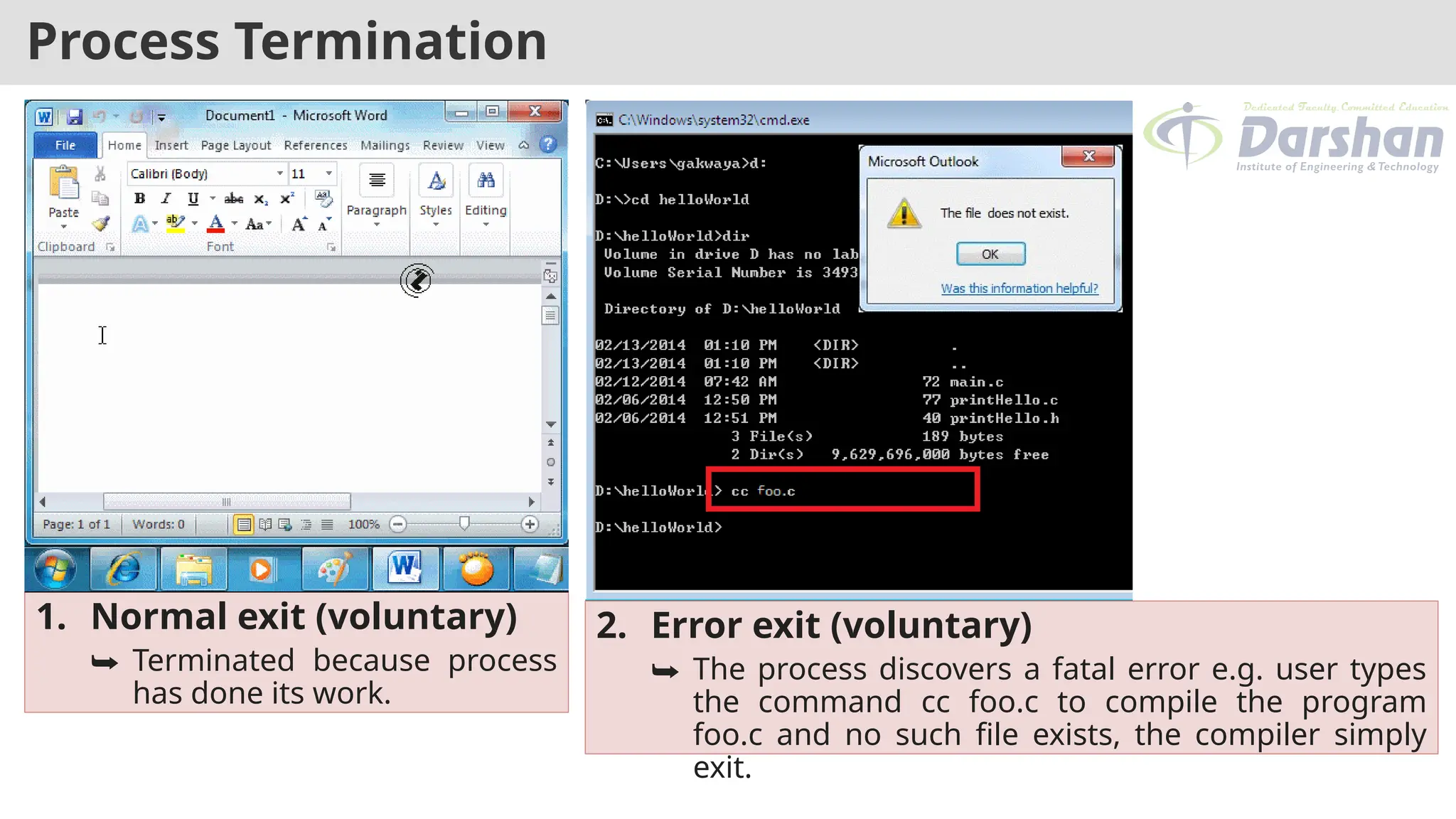 Process Termination
1. Normal exit (voluntary)
⮩ Terminated because process
has done its work.
2. Error exit (voluntary)
⮩ The process discovers a fatal error e.g. user types
the command cc foo.c to compile the program
foo.c and no such file exists, the compiler simply
exit.
 