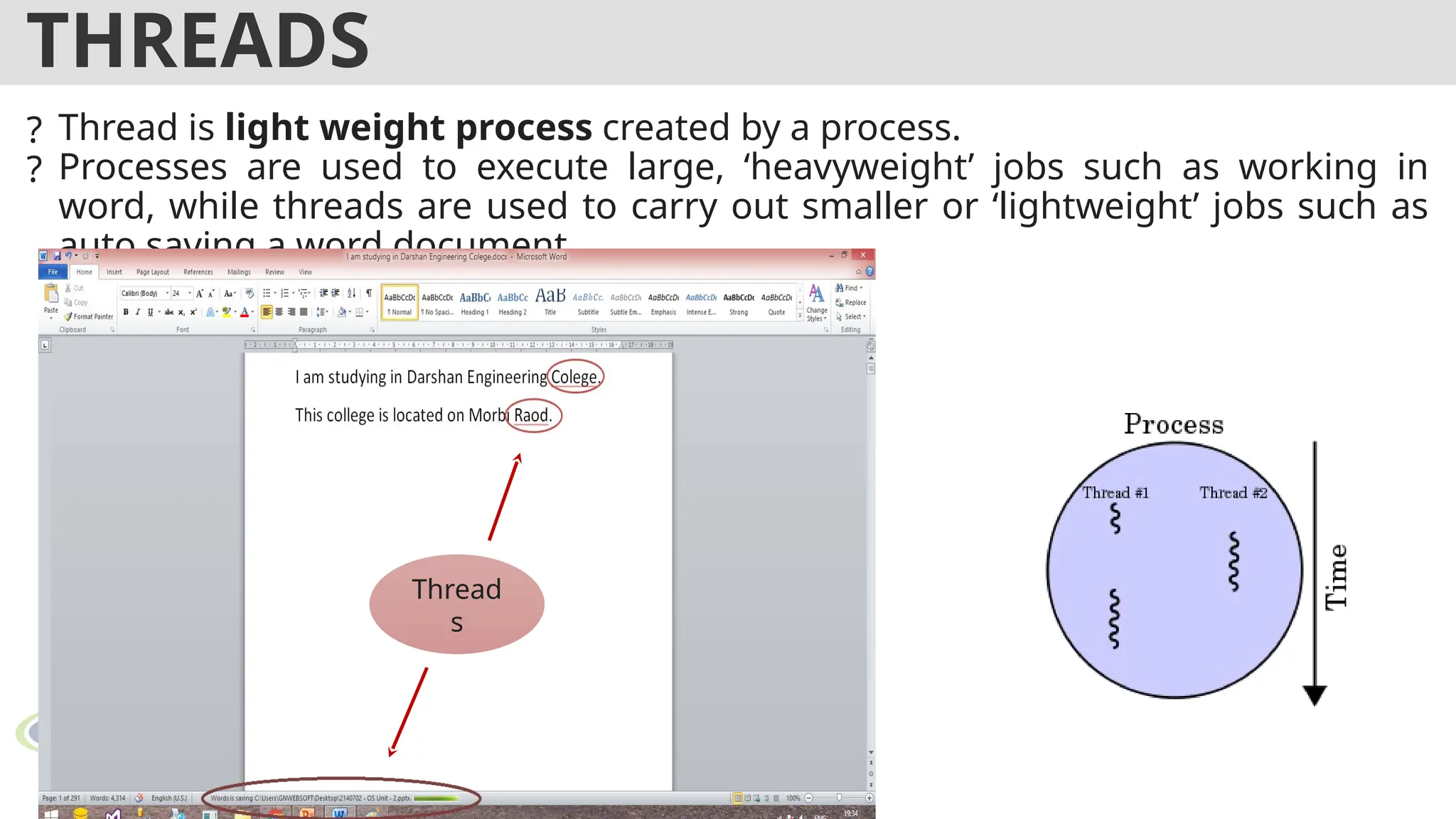 THREADS
? Thread is light weight process created by a process.
? Processes are used to execute large, ‘heavyweight’ jobs such as working in
word, while threads are used to carry out smaller or ‘lightweight’ jobs such as
auto saving a word document.
Thread
s
 