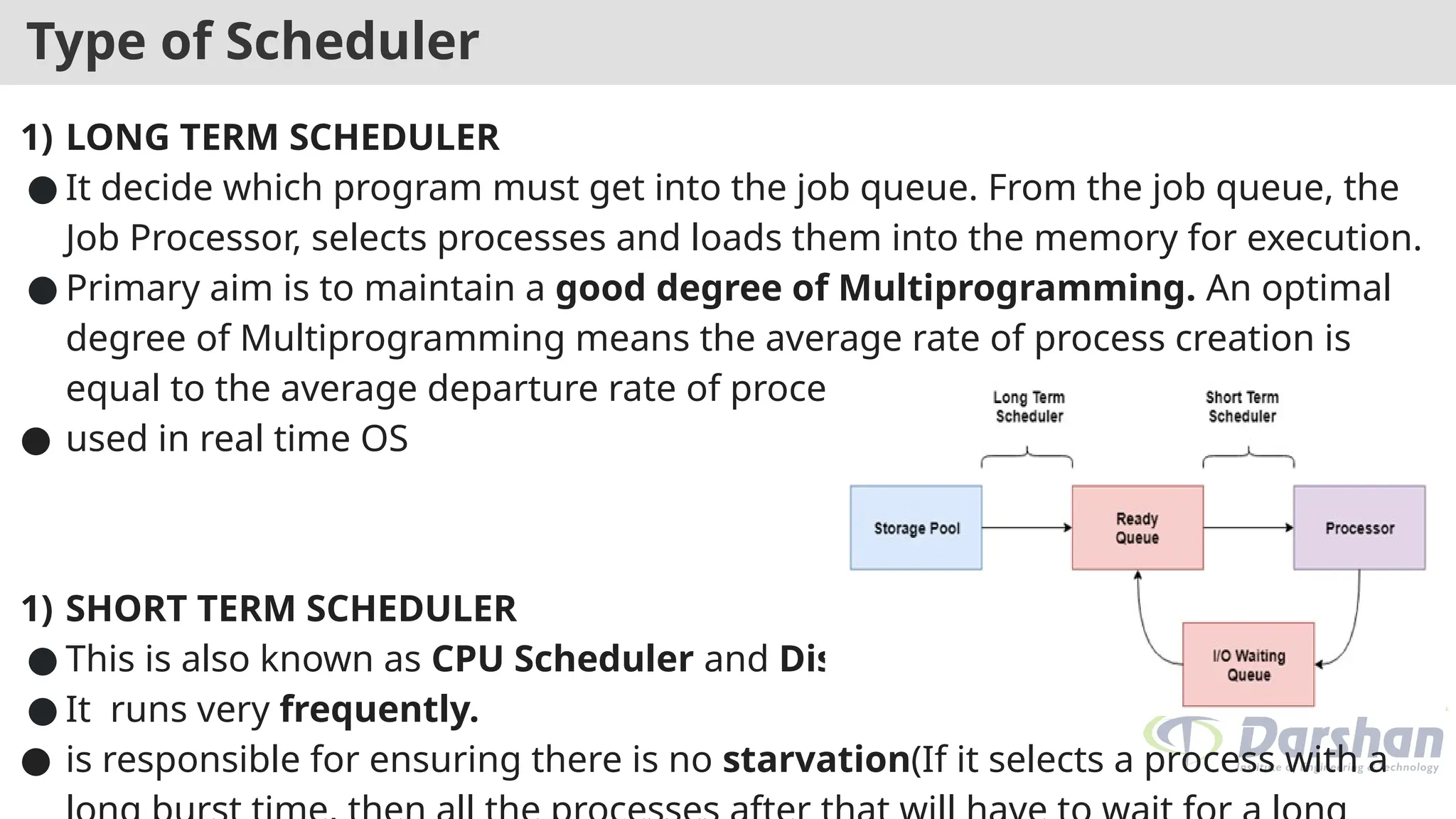 Type of Scheduler
1) LONG TERM SCHEDULER
● It decide which program must get into the job queue. From the job queue, the
Job Processor, selects processes and loads them into the memory for execution.
● Primary aim is to maintain a good degree of Multiprogramming. An optimal
degree of Multiprogramming means the average rate of process creation is
equal to the average departure rate of processes from the execution memory.
● used in real time OS
1) SHORT TERM SCHEDULER
● This is also known as CPU Scheduler and Dispatcher
● It runs very frequently.
● is responsible for ensuring there is no starvation(If it selects a process with a
 