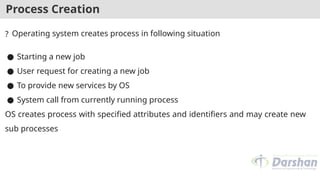 Process Creation
? Operating system creates process in following situation
● Starting a new job
● User request for creating a new job
● To provide new services by OS
● System call from currently running process
OS creates process with specified attributes and identifiers and may create new
sub processes
 
