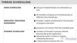 THREAD SCHEDULING
GANG SCHEDULING ● Group of related thread are scheduled as a
unit
● All members of gang run simultaneously on
different time shared cpu
DEDICATED PROCESSOR
ASSIGNMENT
● Provides implicit scheduling for the duration
of program execution
● processor are chosen from the available pool
DYNAMIC SCHEDULING ● numbers of threads in process altered
dynamically by the application
● operating system involve in making
scheduling decisions
● it adjust load to improve the use
 