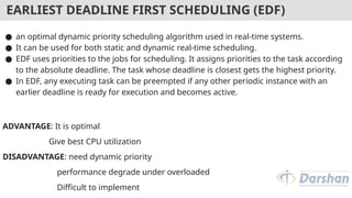 EARLIEST DEADLINE FIRST SCHEDULING (EDF)
● an optimal dynamic priority scheduling algorithm used in real-time systems.
● It can be used for both static and dynamic real-time scheduling.
● EDF uses priorities to the jobs for scheduling. It assigns priorities to the task according
to the absolute deadline. The task whose deadline is closest gets the highest priority.
● In EDF, any executing task can be preempted if any other periodic instance with an
earlier deadline is ready for execution and becomes active.
ADVANTAGE: It is optimal
Give best CPU utilization
DISADVANTAGE: need dynamic priority
performance degrade under overloaded
Difficult to implement
 