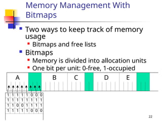 22
Memory Management With
Bitmaps
 Two ways to keep track of memory
usage

Bitmaps and free lists
 Bitmaps
 Memory is divided into allocation units

One bit per unit: 0-free, 1-occupied
A B C D E
1 1 1 1 1 0 0 0
1 1 1 1 1 1 1 1
1 1 0 0 1 1 1 1
1 1 1 1 1 0 0 0
 