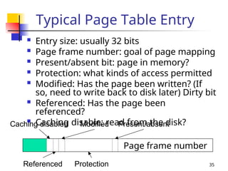 35
Typical Page Table Entry
 Entry size: usually 32 bits
 Page frame number: goal of page mapping
 Present/absent bit: page in memory?
 Protection: what kinds of access permitted
 Modified: Has the page been written? (If
so, need to write back to disk later) Dirty bit
 Referenced: Has the page been
referenced?
 Caching disable: read from the disk?
Page frame number
Present/absent
Caching disabled Modified
Referenced Protection
 