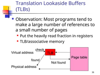 38
Translation Lookaside Buffers
(TLBs)
 Observation: Most programs tend to
make a large number of references to
a small number of pages
 Put the heavily read fraction in registers
 TLB/associative memory
TLB
Virtual address
check
found
Page table
Not found
Physical address
 