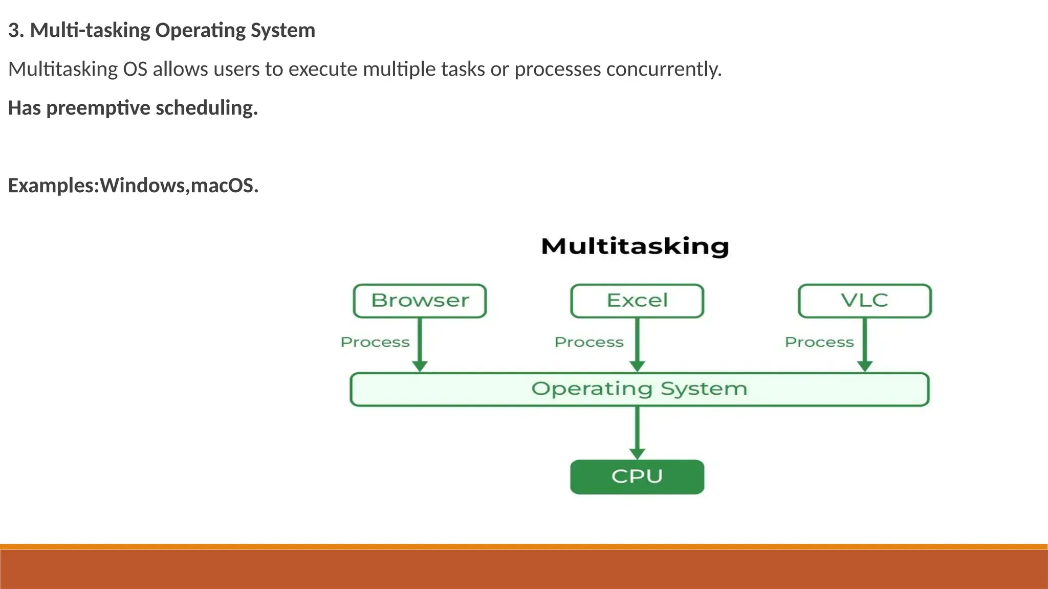 3. Multi-tasking Operating System
Multitasking OS allows users to execute multiple tasks or processes concurrently.
Has preemptive scheduling.
Examples:Windows,macOS.
 