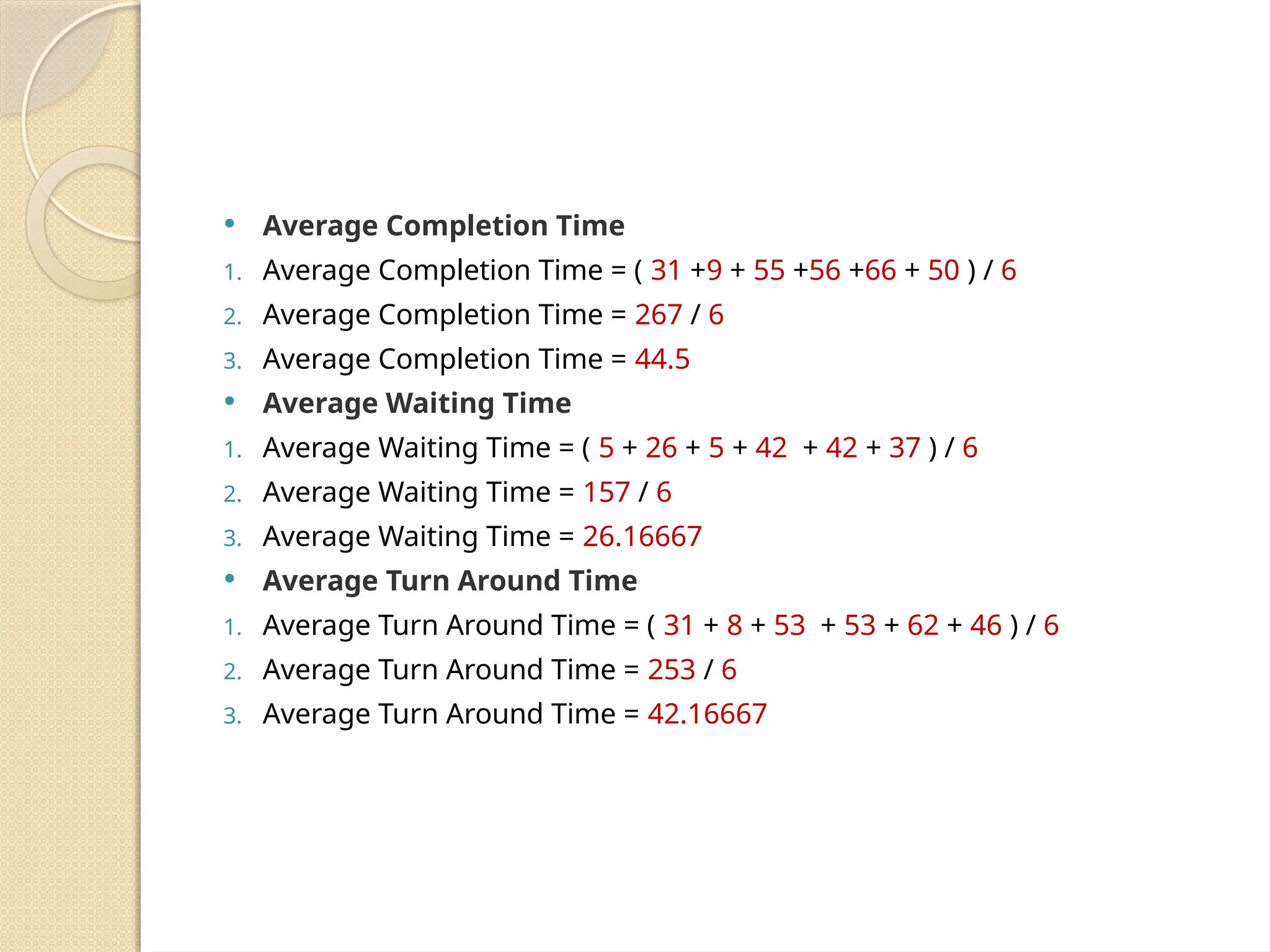  Average Completion Time
1. Average Completion Time = ( 31 +9 + 55 +56 +66 + 50 ) / 6
2. Average Completion Time = 267 / 6
3. Average Completion Time = 44.5
 Average Waiting Time
1. Average Waiting Time = ( 5 + 26 + 5 + 42 + 42 + 37 ) / 6
2. Average Waiting Time = 157 / 6
3. Average Waiting Time = 26.16667
 Average Turn Around Time
1. Average Turn Around Time = ( 31 + 8 + 53 + 53 + 62 + 46 ) / 6
2. Average Turn Around Time = 253 / 6
3. Average Turn Around Time = 42.16667
 