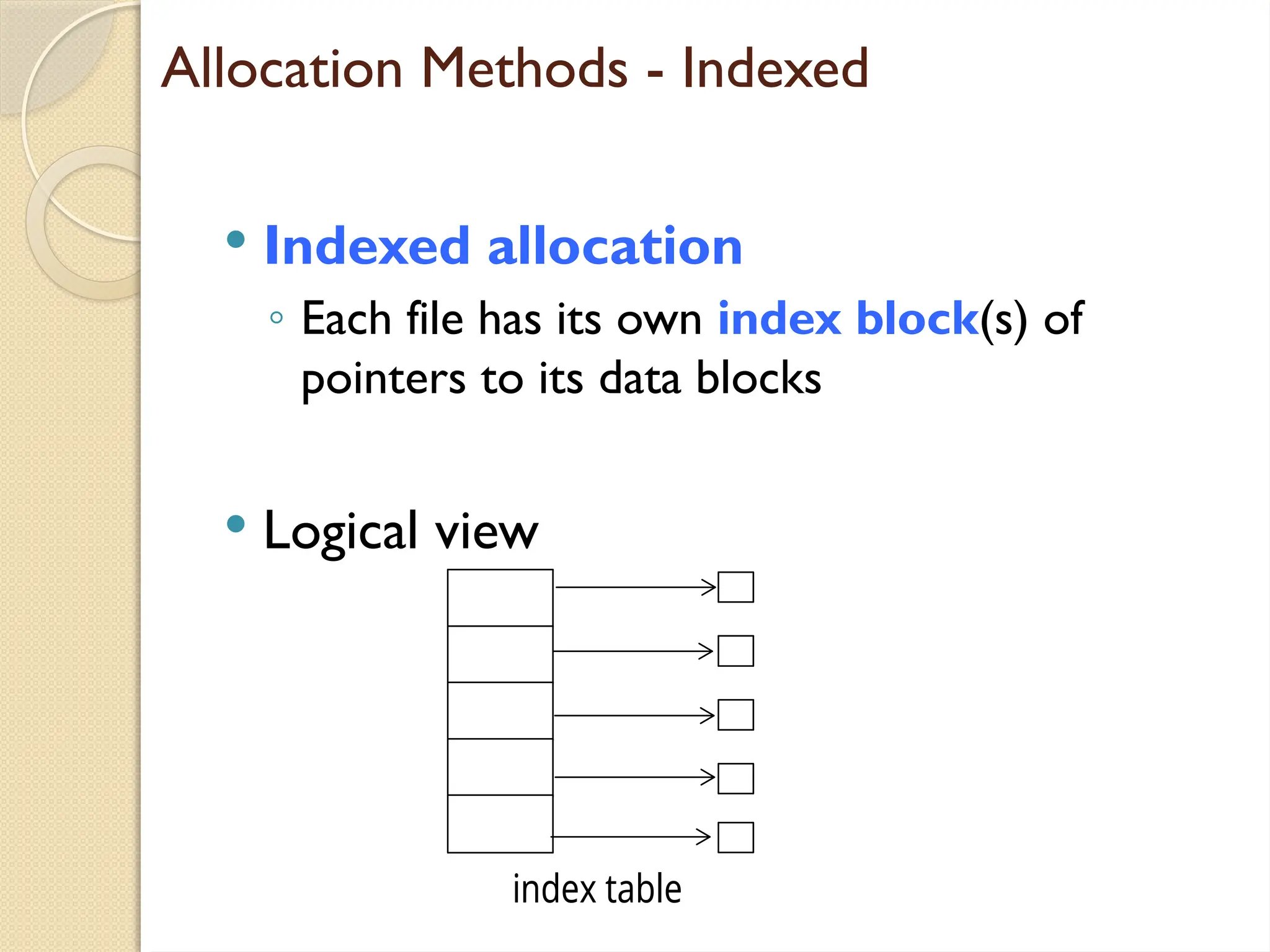 Allocation Methods - Indexed
 Indexed allocation
◦ Each file has its own index block(s) of
pointers to its data blocks
 Logical view
index table
 