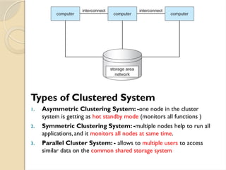 Types of Clustered System
1. Asymmetric Clustering System: -one node in the cluster
system is getting as hot standby mode (monitors all functions )
2. Symmetric Clustering System: -multiple nodes help to run all
applications, and it monitors all nodes at same time.
3. Parallel Cluster System: - allows to multiple users to access
similar data on the common shared storage system
 