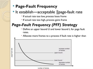  Page-Fault Frequency
 It establish acceptable page-fault rate
― ‖
 If actual rate too low, process loses frame
 If actual rate too high, process gains frame
Page-Fault Frequency (PFF) Strategy
 Define an upper bound U and lower bound L for page fault
rates.
 Allocate more frames to a process if fault rate is higher than
U.
 Allocate less frames if fault rate is less than L.
 