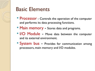 Basic Elements
 Processor - Controls the operation of the computer
and performs its data processing functions.
 Main memory - Stores data and programs.
 I/O Module - Move data between the computer
and its external environment.
 System bus - Provides for communication among
processors, main memory and I/O modules.
 