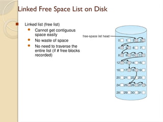 Linked Free Space List on Disk
 Linked list (free list)
 Cannot get contiguous
space easily
 No waste of space
 No need to traverse the
entire list (if # free blocks
recorded)
 