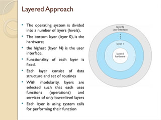 Layered Approach
 The operating system is divided
into a number of layers (levels),
 The bottom layer (layer 0), is the
hardware;
 the highest (layer N) is the user
interface.
 Functionality of each layer is
fixed.
 Each layer consist of data
structure and set of routines
 With modularity, layers are
selected such that each uses
functions (operations) and
services of only lower-level layers
 Each layer is using system calls
for performing their function
 