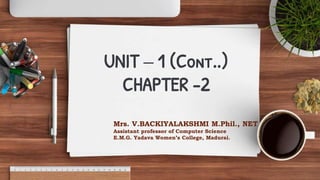 UNIT – 1 (Cont..)
CHAPTER -2
Mrs. V.BACKIYALAKSHMI M.Phil., NET
Assistant professor of Computer Science
E.M.G. Yadava Women’s College, Madurai.
 