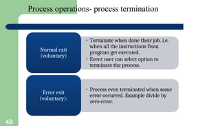 40
Process operations- process termination
• Terminate when done their job. i.e.
when all the instructions from
program get executed.
• Event user can select option to
terminate the process.
Normal exit
(voluntary)
• Process even terminated when some
error occurred. Example divide by
zero error.
Error exit
(voluntary):
 