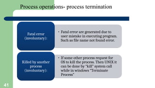 41
Process operations- process termination
• Fatal error are generated due to
user mistake in executing program.
Such as file name not found error.
Fatal error
(involuntary):
• If some other process request for
OS to kill the process. Then UNIX it
can be done by “kill” system call
while in windows “Terminate
Process”
Killed by another
process
(involuntary):
 