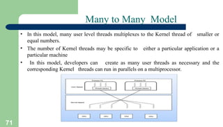 71
Many to Many Model
• In this model, many user level threads multiplexes to the Kernel thread of smaller or
equal numbers.
• The number of Kernel threads may be specific to either a particular application or a
particular machine
• In this model, developers can create as many user threads as necessary and the
corresponding Kernel threads can run in parallels on a multiprocessor.
 