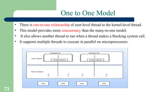 73
One to One Model
• There is one-to-one relationship of user-level thread to the kernel-level thread.
• This model provides more concurrency than the many-to-one model.
• It also allows another thread to run when a thread makes a blocking system call.
• It supports multiple threads to execute in parallel on microprocessors.
 