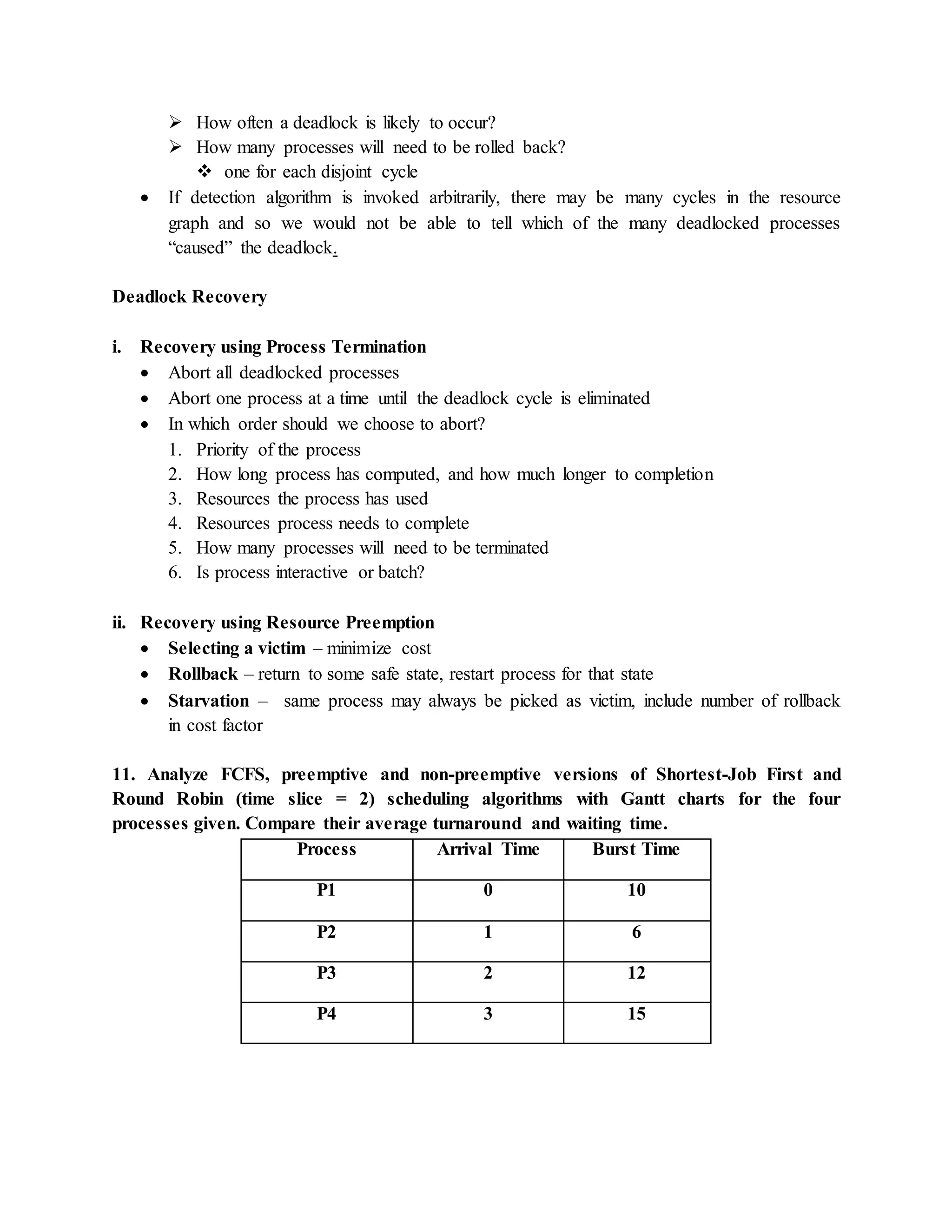  How often a deadlock is likely to occur?
 How many processes will need to be rolled back?
 one for each disjoint cycle
 If detection algorithm is invoked arbitrarily, there may be many cycles in the resource
graph and so we would not be able to tell which of the many deadlocked processes
“caused” the deadlock.
Deadlock Recovery
i. Recovery using Process Termination
 Abort all deadlocked processes
 Abort one process at a time until the deadlock cycle is eliminated
 In which order should we choose to abort?
1. Priority of the process
2. How long process has computed, and how much longer to completion
3. Resources the process has used
4. Resources process needs to complete
5. How many processes will need to be terminated
6. Is process interactive or batch?
ii. Recovery using Resource Preemption
 Selecting a victim – minimize cost
 Rollback – return to some safe state, restart process for that state
 Starvation – same process may always be picked as victim, include number of rollback
in cost factor
11. Analyze FCFS, preemptive and non-preemptive versions of Shortest-Job First and
Round Robin (time slice = 2) scheduling algorithms with Gantt charts for the four
processes given. Compare their average turnaround and waiting time.
Process Arrival Time Burst Time
P1 0 10
P2 1 6
P3 2 12
P4 3 15
 