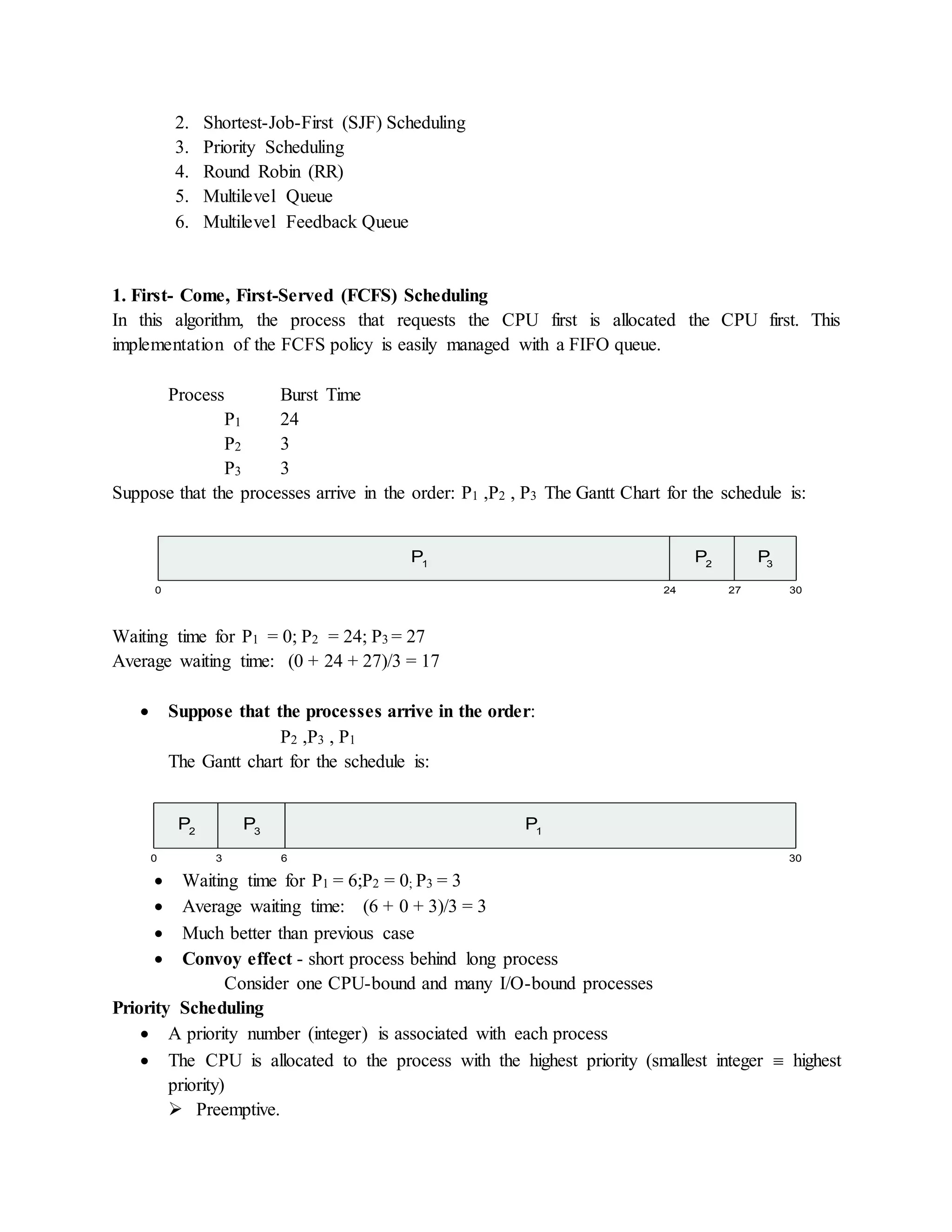 2. Shortest-Job-First (SJF) Scheduling
3. Priority Scheduling
4. Round Robin (RR)
5. Multilevel Queue
6. Multilevel Feedback Queue
1. First- Come, First-Served (FCFS) Scheduling
In this algorithm, the process that requests the CPU first is allocated the CPU first. This
implementation of the FCFS policy is easily managed with a FIFO queue.
Process Burst Time
P1 24
P2 3
P3 3
Suppose that the processes arrive in the order: P1 ,P2 , P3 The Gantt Chart for the schedule is:
Waiting time for P1 = 0; P2 = 24; P3 = 27
Average waiting time: (0 + 24 + 27)/3 = 17
 Suppose that the processes arrive in the order:
P2 ,P3 , P1
The Gantt chart for the schedule is:
 Waiting time for P1 = 6;P2 = 0; P3 = 3
 Average waiting time: (6 + 0 + 3)/3 = 3
 Much better than previous case
 Convoy effect - short process behind long process
Consider one CPU-bound and many I/O-bound processes
Priority Scheduling
 A priority number (integer) is associated with each process
 The CPU is allocated to the process with the highest priority (smallest integer  highest
priority)
 Preemptive.
P P P
1 2 3
0 24 30
27
P1
0 3 6 30
P2
P3
 