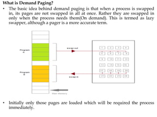 What is Demand Paging?
• The basic idea behind demand paging is that when a process is swapped
in, its pages are not swapped in all at once. Rather they are swapped in
only when the process needs them(On demand). This is termed as lazy
swapper, although a pager is a more accurate term.
• Initially only those pages are loaded which will be required the process
immediately.
 
