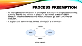 PROCESS PREEMPTION
• An interrupt mechanism is used in preemption that suspends the process executing
currently and the next process to execute is determined by the short-term
scheduler. Preemption makes sure that all processes get some CPU time for
execution.
• A diagram that demonstrates process preemption is as follows −
 