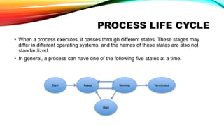 PROCESS LIFE CYCLE
• When a process executes, it passes through different states. These stages may
differ in different operating systems, and the names of these states are also not
standardized.
• In general, a process can have one of the following five states at a time.
 