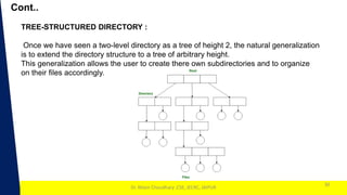 1
Cont..
30
Dr. Nilam Choudhary ,CSE, JECRC, JAIPUR
TREE-STRUCTURED DIRECTORY :
Once we have seen a two-level directory as a tree of height 2, the natural generalization
is to extend the directory structure to a tree of arbitrary height.
This generalization allows the user to create there own subdirectories and to organize
on their files accordingly.
 