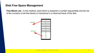 1
Dr. Nilam Choudhary ,CSE, JECRC, JAIPUR 45
Disk Free Space Management
Free Block List : In this method, each block is assigned a number sequentially and the list
of the numbers of all free blocks is maintained in a reserved block of the disk.
 