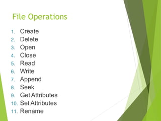 File Operations
1. Create
2. Delete
3. Open
4. Close
5. Read
6. Write
7. Append
8. Seek
9. Get Attributes
10. Set Attributes
11. Rename
 