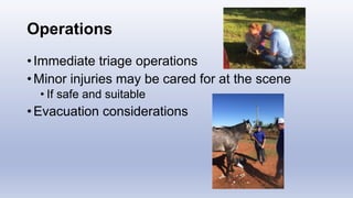 Operations
• Immediate triage operations
• Minor injuries may be cared for at the scene
• If safe and suitable
• Evacuation considerations
 