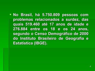 No Brasil, há 5.750.809 pessoas com problemas relacionados a surdez, das quais 519.460 até 17 anos de idade e 276.884 entre os 18 e os 24 anos, segundo o Censo Demográfico de 2000 do Instituto Brasileiro de Geografia e Estatística (IBGE). 