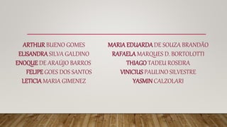 ARTHUR BUENO GOMES
ELISANDRASILVA GALDINO
ENOQUE DE ARAÚJO BARROS
FELIPE GOES DOS SANTOS
LETICIA MARIA GIMENEZ
MARIAEDUARDADE SOUZA BRANDÃO
RAFAELA MARQUES D. BORTOLOTTI
THIAGO TADEU ROSEIRA
VINICIUS PAULINO SILVESTRE
YASMIN CALZOLARI
 