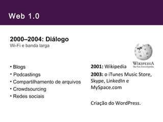 Web 1.0
2000–2004: Diálogo
Wi-Fi e banda larga
• Blogs
• Podcastings
• Compartilhamento de arquivos
• Crowdsourcing
• Redes sociais
2001: Wikipedia
2003: o iTunes Music Store,
Skype, LinkedIn e
MySpace.com
Criação do WordPress.
 