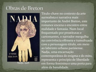Nadja, 1928.
Título-chave no contexto da arte
surrealista e narrativa mais
importante de André Breton, este
romance encena o encontro entre
realidade e fantasia. Num local
frequentado por prostitutas e
cartomantes, o narrador mergulha
na convivência efêmera e tumultuada
com a personagem-título, em meio
ao labirinto urbano parisiense.
Nadja, uma encarnação
contemporânea do enigma e do mito,
representa o princípio de liberdade
em forma feminina e uma porta para
além da banalidade.
 