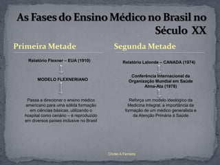 Primeira Metade                               Segunda Metade
   Relatório Flexner – EUA (1910)                   Relatório Lalonde – CANADA (1974)


                                                         Conferência Internacional da
        MODELO FLEXNERIANO                              Organização Mundial em Saúde
                                                               Alma-Ata (1978)


   Passa a direcionar o ensino médico                   Reforça um modelo ideológico da
  americano para uma sólida formação                    Medicina Integral, a importância da
    em ciências básicas, utilizando o                 formação de um médico generalista e
  hospital como cenário – é reproduzido                   da Atenção Primária à Saúde
  em diversos países inclusive no Brasil




                                           Chirlei A Ferreira
 