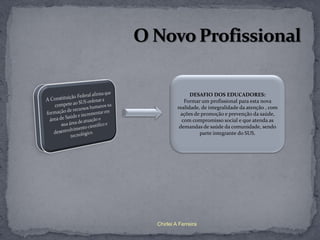 DESAFIO DOS EDUCADORES:
            Formar um profissional para esta nova
         realidade, de integralidade da atenção , com
          ações de promoção e prevenção da saúde,
           com compromisso social e que atenda as
          demandas de saúde da comunidade, sendo
                   parte integrante do SUS.




Chirlei A Ferreira
 