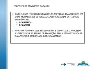 PROPOSTA DO MINISTÉRIO DA SAÚDE
1. OS RECURSOS FEDERAIS DESTINADOS ÀS ASP SERÃO TRANSFERIDOS EM
DUAS MODALIDADES DE REPASSE CLASSIFICADAS NAS CATEGORIAS
ECONÔMICAS:
• DE CUSTEIO;
• DE CAPITAL
1. APROVAR PORTARIA QUE REGULAMENTA E ESTABELECE O PROCESSO,
AS DIRETRIZES E AS REGRAS DE TRANSIÇÃO, SEM A DESCONTINUIDADE
DA ATENÇÃO E RESPONSABILIDADES SANITÁRIAS
 