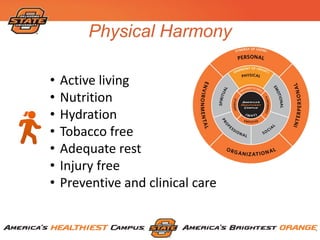 Physical Harmony
• Active living
• Nutrition
• Hydration
• Tobacco free
• Adequate rest
• Injury free
• Preventive and clinical care
 